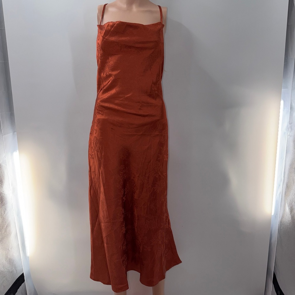 SHEIN M Burnt Orange Floral Jacquard Satin Autumnal Chic Midi 90s Slip Revival